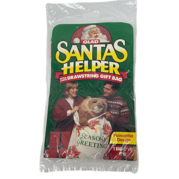 VINTAGE Lot of 2 Glad Santa's Helper XL Drawstring Gift Bag Poinsettia 32" x 40" - Picture 8 of 9